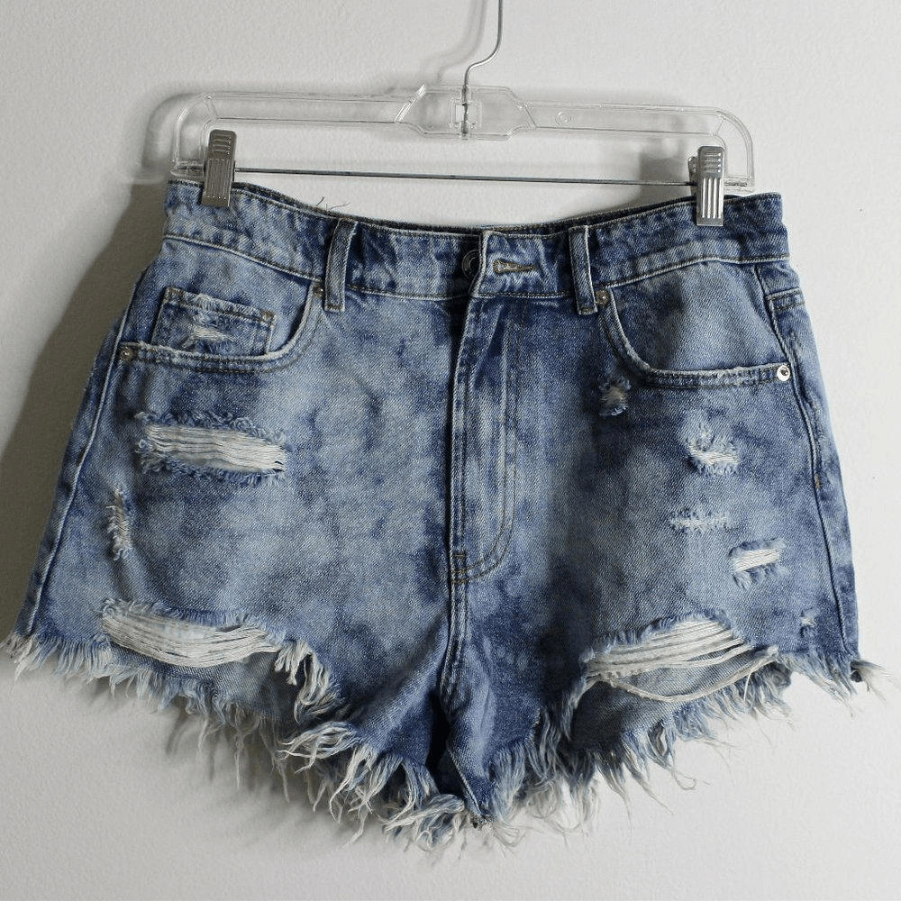 Upcycled OCEAN Blue Acid Wash Distressed Denim Shorts - Frayed Size 7/28
